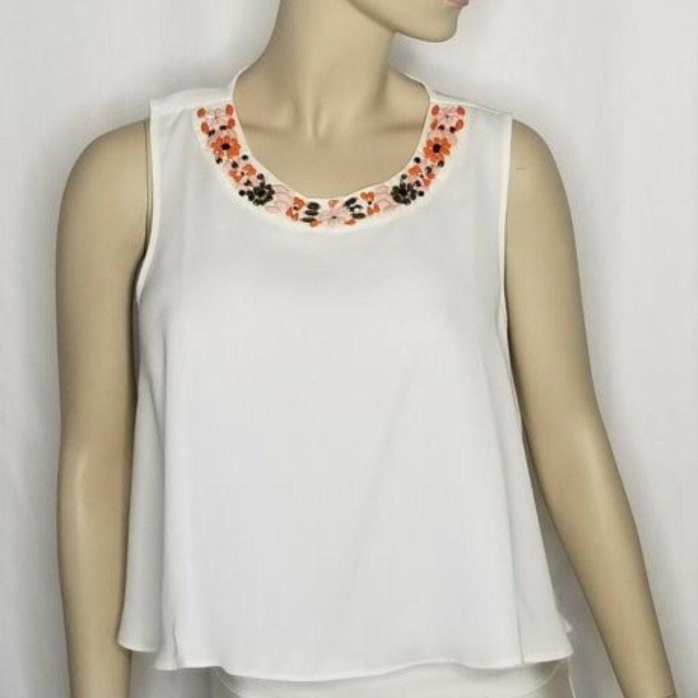 Topshop White Sleeveless Multicolor Beaded Neckline Cropped Top Size 10